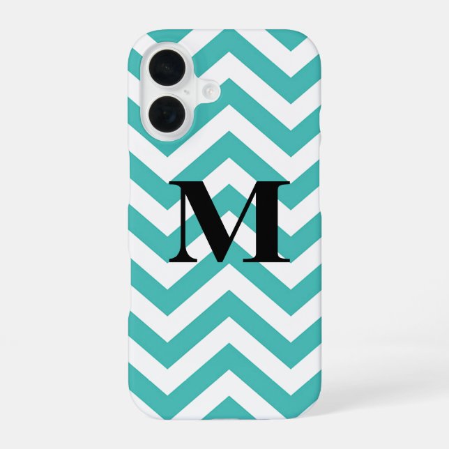 Blue Chevron with Monogram iPhone 16 Case (Back)