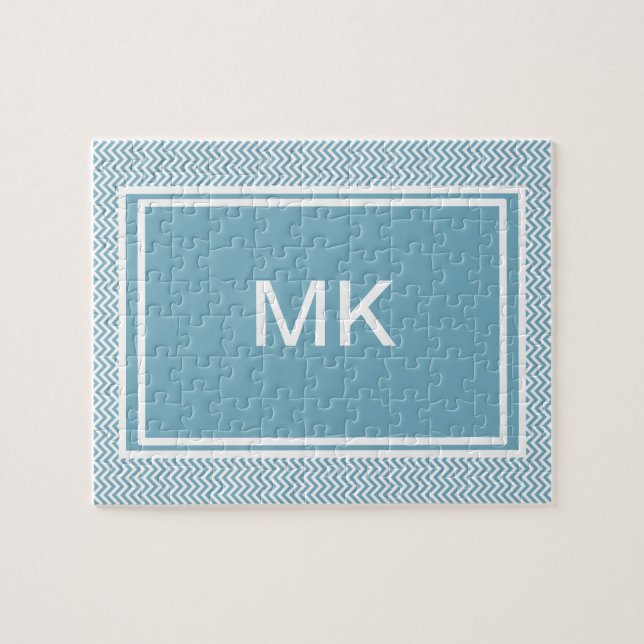 Blue Chevron with Monogram Jigsaw Puzzle (Horizontal)