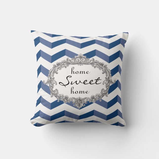 Blue Chevrons Home Sweet Home or Monogram Pillow (Front)
