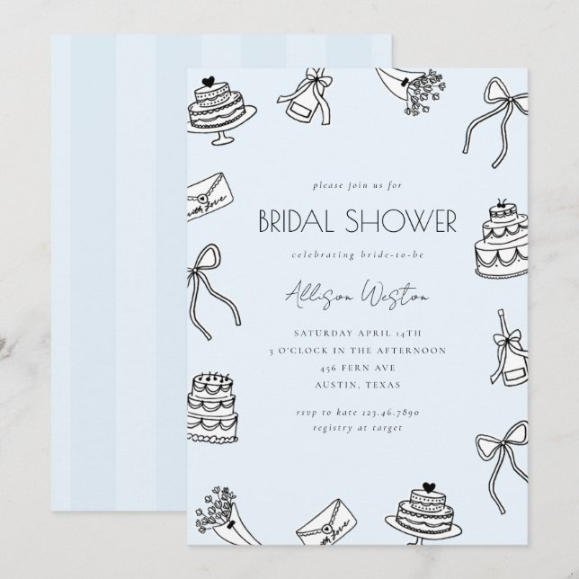 Blue Chic Bows Cakes and Champagne Bridal Shower Invitation (Front/Back)