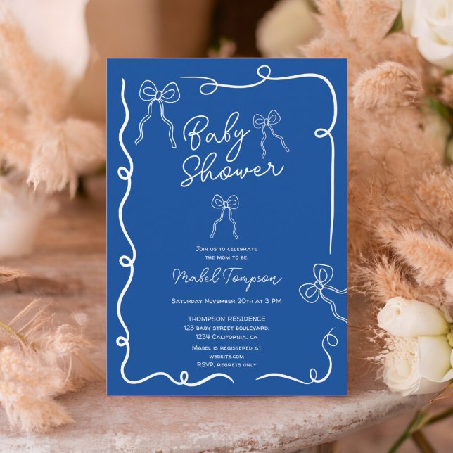 Blue chic bows ribbon illustrations Baby shower Invitation (Blue chic bows ribbon illustrations Baby shower Invitation)