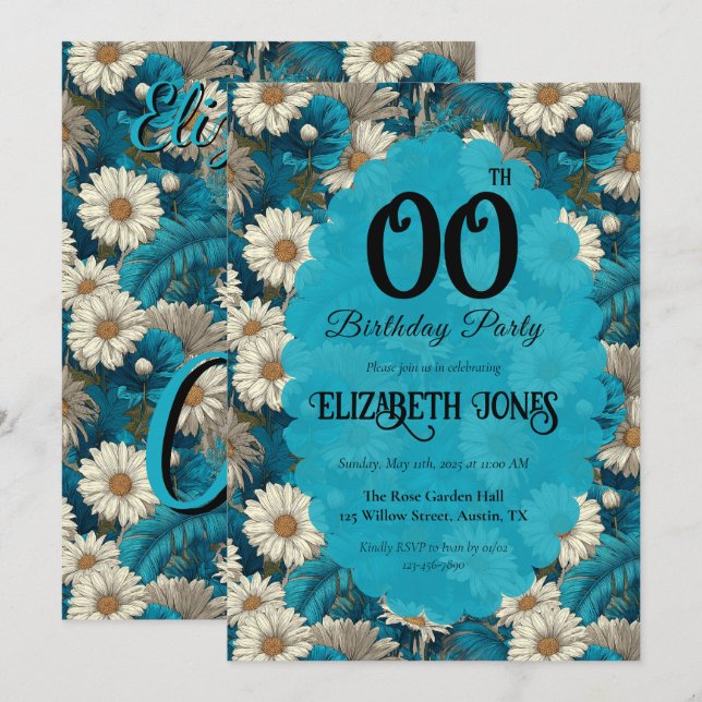 Blue Chic Daisy Milestone Birthday  For Mum Invitation (Front/Back)