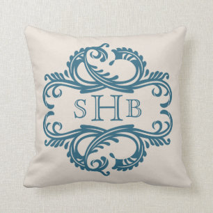 Blue Chic Damask Monogram Pillow