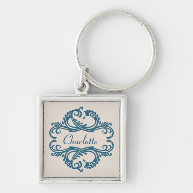 Blue Chic Damask Premium Keychain (Front)