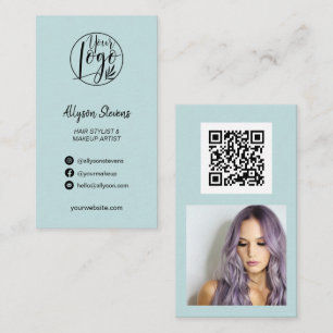 Blue chic hair makeup photo logo simple qr code business card