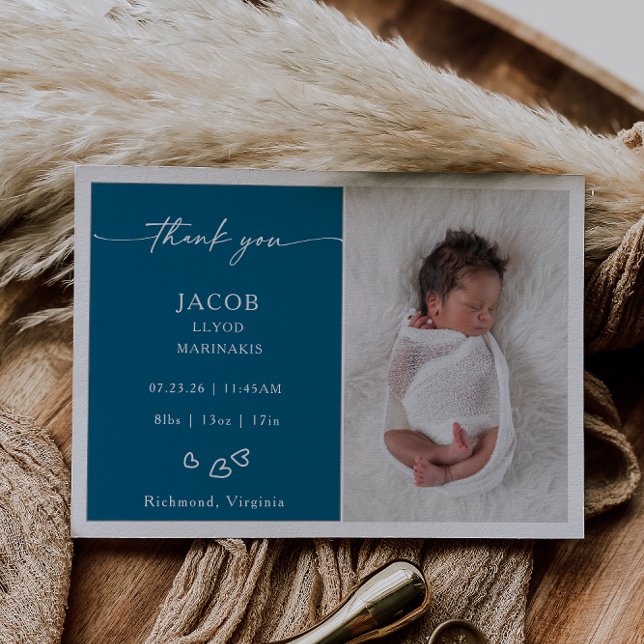 Blue Chic Minimalist Photo Baby Announcement Card (Creator Uploaded)