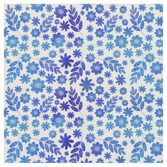 Blue China Hand Drawn Floral Pattern Fabric (Close Up)