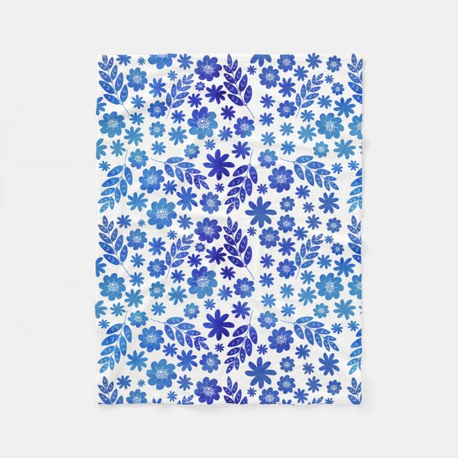 Blue China Hand Drawn Floral Pattern Fleece Blanket (Front)