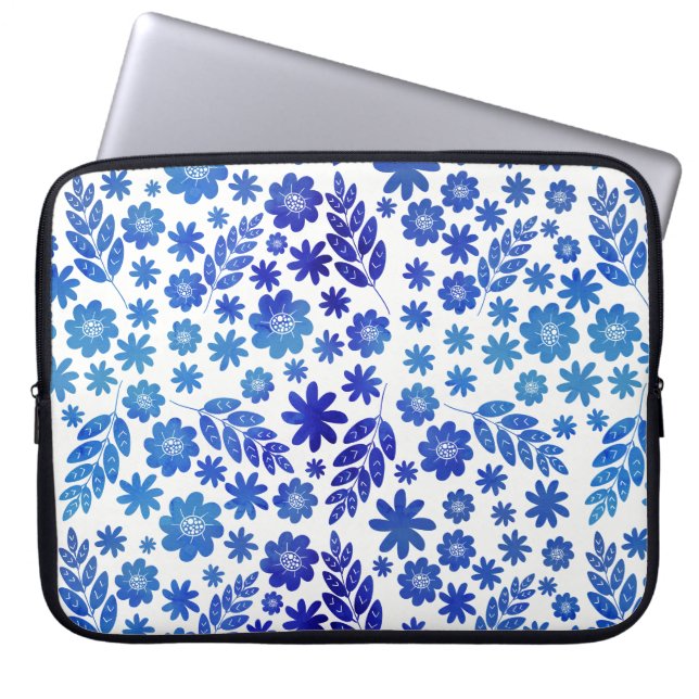 Blue China Hand Drawn Floral Pattern Laptop Sleeve (Front)