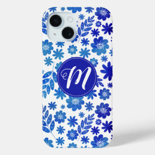 Blue China Hand Drawn Floral Pattern & Monogram iPhone 15 Case