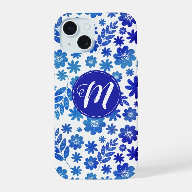 Blue China Hand Drawn Floral Pattern & Monogram iPhone 15 Case (Back)