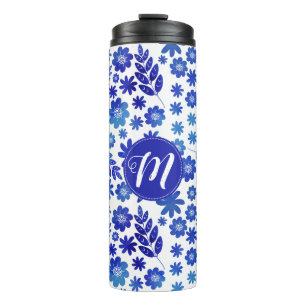Blue China Hand Drawn Floral Pattern & Monogram Thermal Tumbler