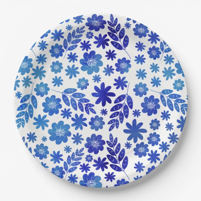 Blue China Hand Drawn Floral Pattern Paper Plate (Front)