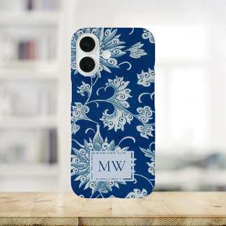 Blue Chinese Floral Custom Monogram iPhone 16 Case