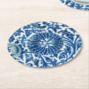 Blue Chinese Floral Pattern Round Paper Coaster