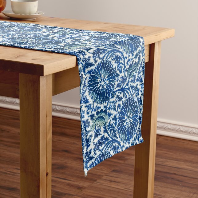 Blue Chinese Floral Pattern Short Table Runner (In Situ)
