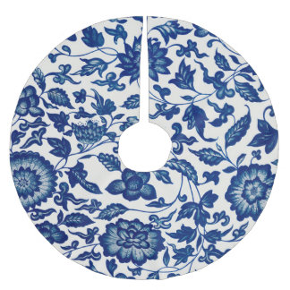 Blue Chinese Ornamental Floral Brushed Polyester Tree Skirt