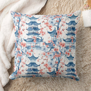 Blue Chinese Pagoda Cherry Blossom Pattern Cushion