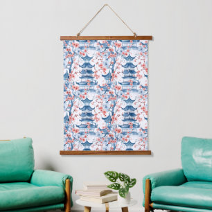 Blue Chinese Pagoda Cherry Blossom Pattern Hanging Tapestry