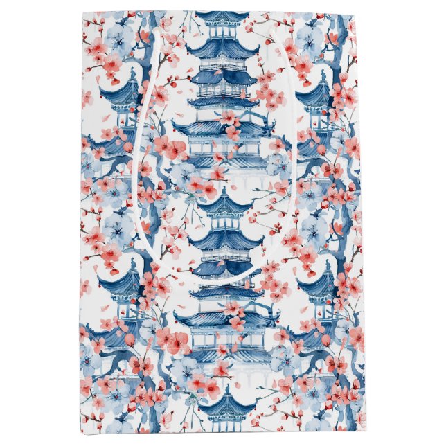 Blue Chinese Pagoda Cherry Blossom Pattern Medium Gift Bag (Front)