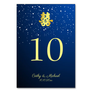 Blue Chinese wedding starry night double happiness Table Number