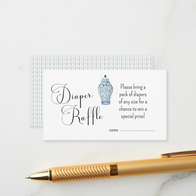 Blue Chinoisere Pattern Diaper Raffle Card (Front/Back In Situ)