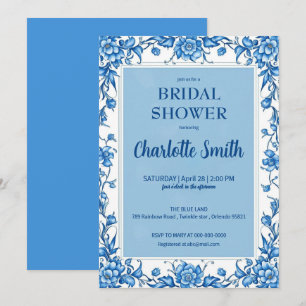 Blue Chinoiserie antique Floral bridal shower Invitation