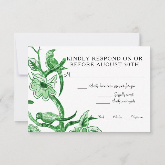 Blue Chinoiserie Asian Floral Watercolor RSVP Card (Front)