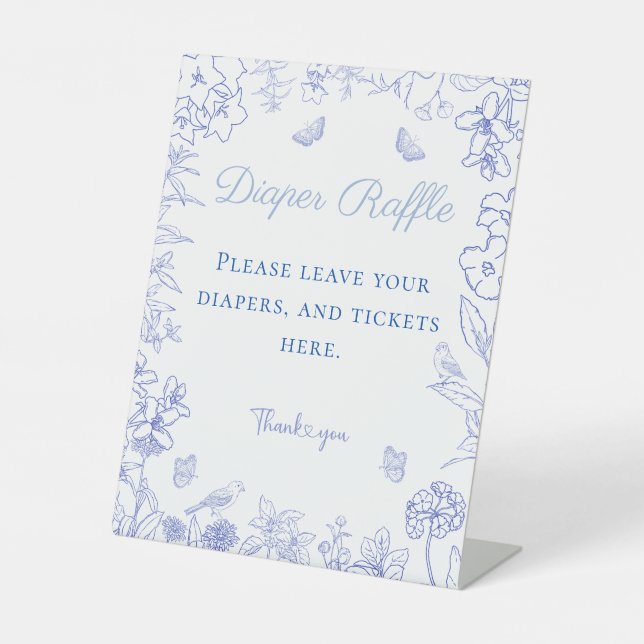  Blue Chinoiserie Baby Shower Diaper Raffle Pedestal Sign (Front)