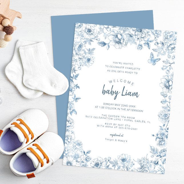 Blue Chinoiserie Baby Shower Invite for Boy (Dusty Blue Baby Shower Invitation)