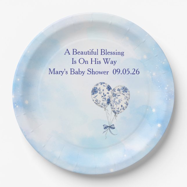 Blue Chinoiserie Baby Shower Tableware Set Paper Plate (Front)