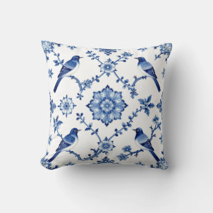 Blue Chinoiserie Bird Floral Pattern Cushion