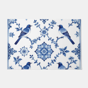Blue Chinoiserie Bird Floral Pattern Doormat