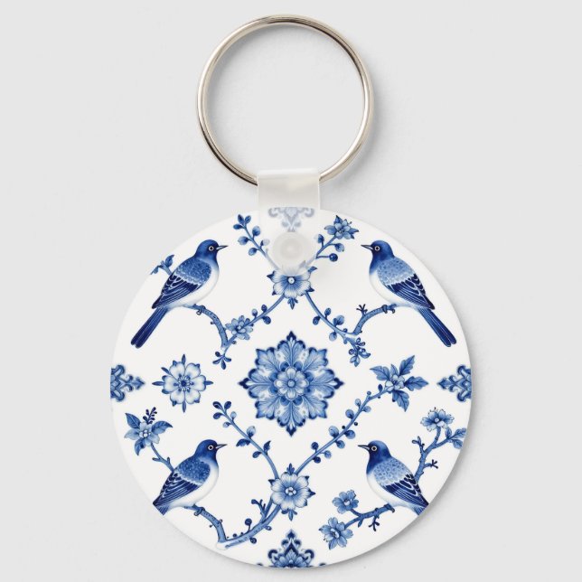 Blue Chinoiserie Bird Floral Pattern Key Ring (Front)