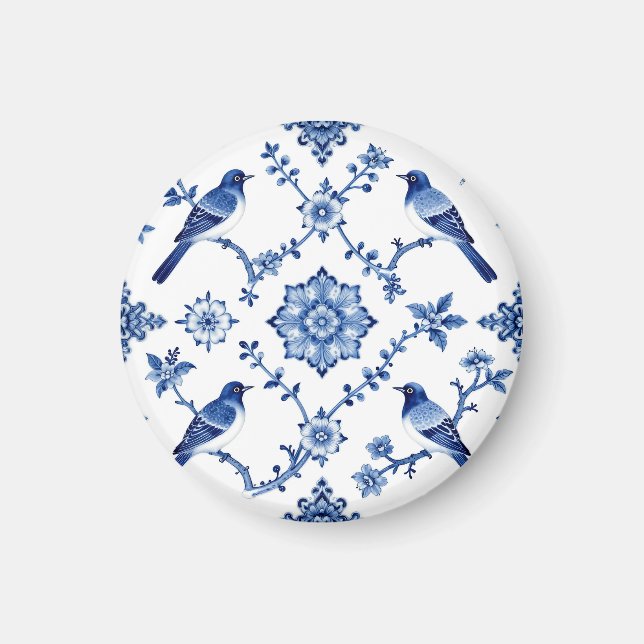 Blue Chinoiserie Bird Floral Pattern Magnet (Front)