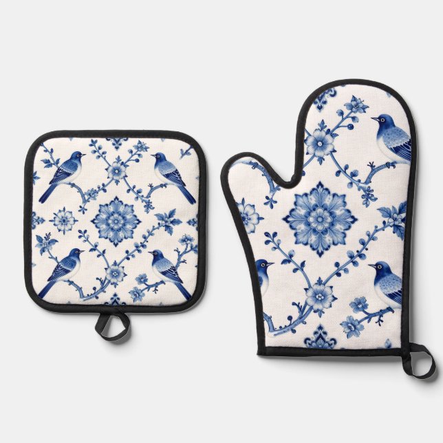 Blue Chinoiserie Bird Floral Pattern Oven Mitt & Pot Holder Set (Front)