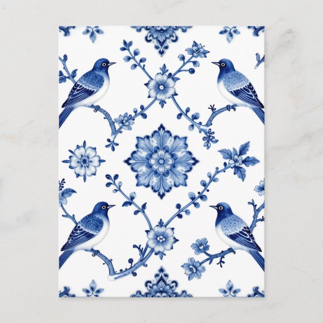 Blue Chinoiserie Bird Floral Pattern Postcard (Front)