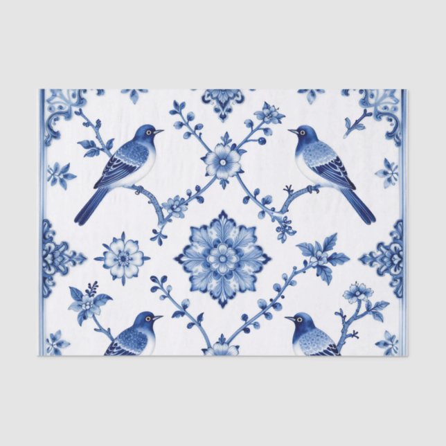Blue Chinoiserie Bird Floral Pattern Tissue Paper (Front)