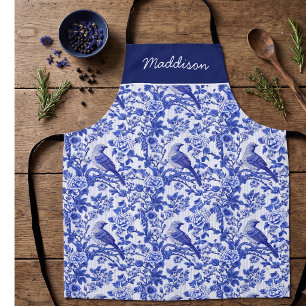 Blue Chinoiserie Bird Monogram Floral Apron