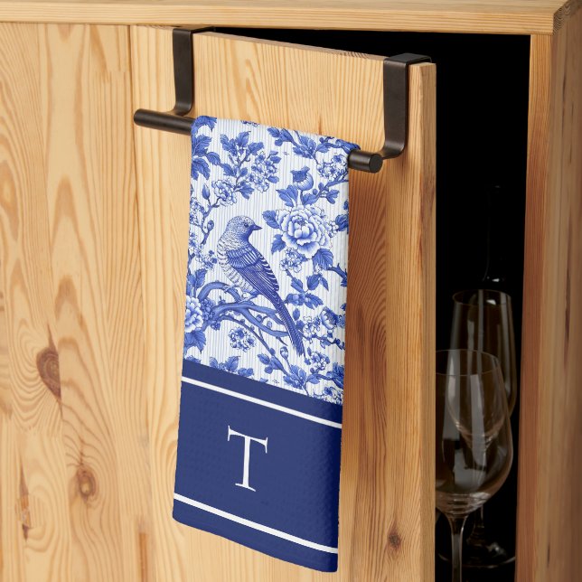 Blue Chinoiserie Bird Monogram Floral Tea Towel (Thirds Fold)
