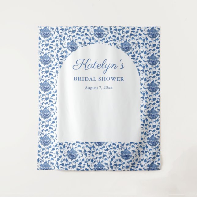 Blue Chinoiserie Bridal Shower Photo Backdrop Tapestry (Front)