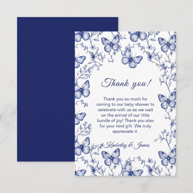 Blue Chinoiserie Butterfly Baby Shower Thank You  Enclosure Card (Front/Back)