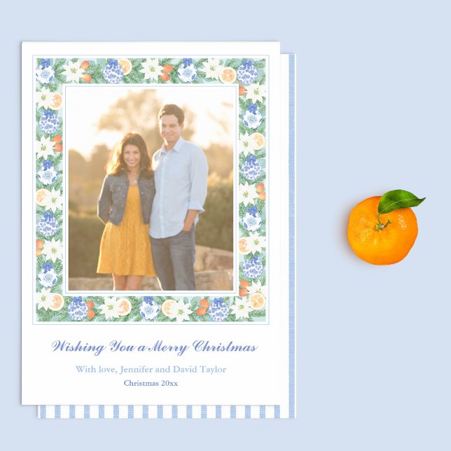 Blue Chinoiserie Chic Citrus Merry Christmas Photo Holiday Card (Blue And White Chinoiserie With Citrus Greenery Frame Family Picture Holidays Card)