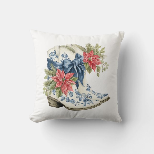 Blue Chinoiserie Christmas Cowgirl Boots Pillow (Front)