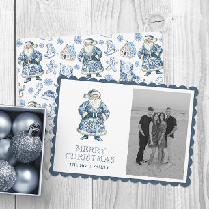 Blue Chinoiserie Christmas Santa Photo Holiday Card