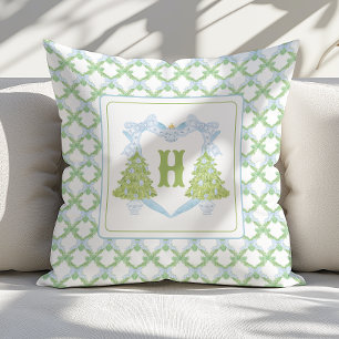 Blue Chinoiserie Christmas Tree Monogram Crest Cushion