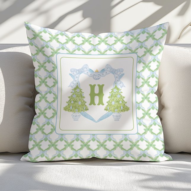 Blue Chinoiserie Christmas Tree Monogram Crest Cushion (Creator Uploaded)