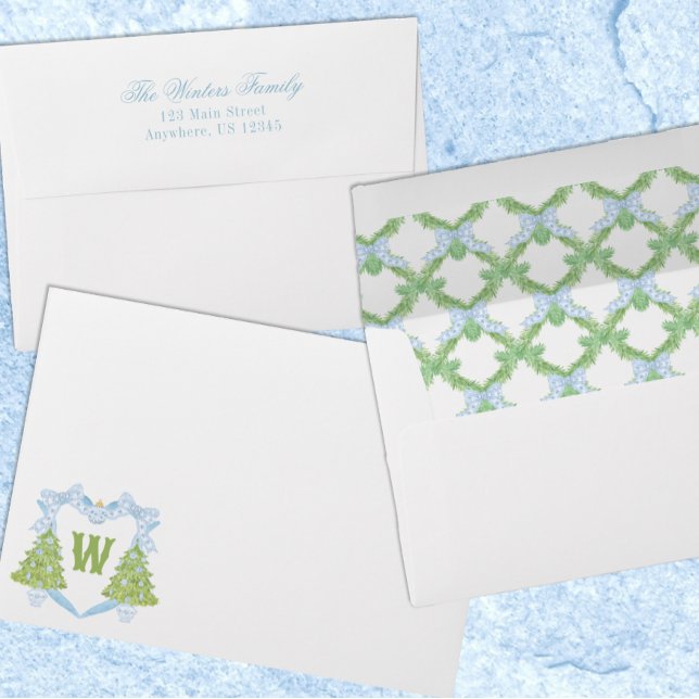 Blue Chinoiserie Christmas Tree Monogram Crest Envelope (Creator Uploaded)