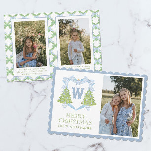 Blue Chinoiserie Christmas Tree Monogram Crest Holiday Card