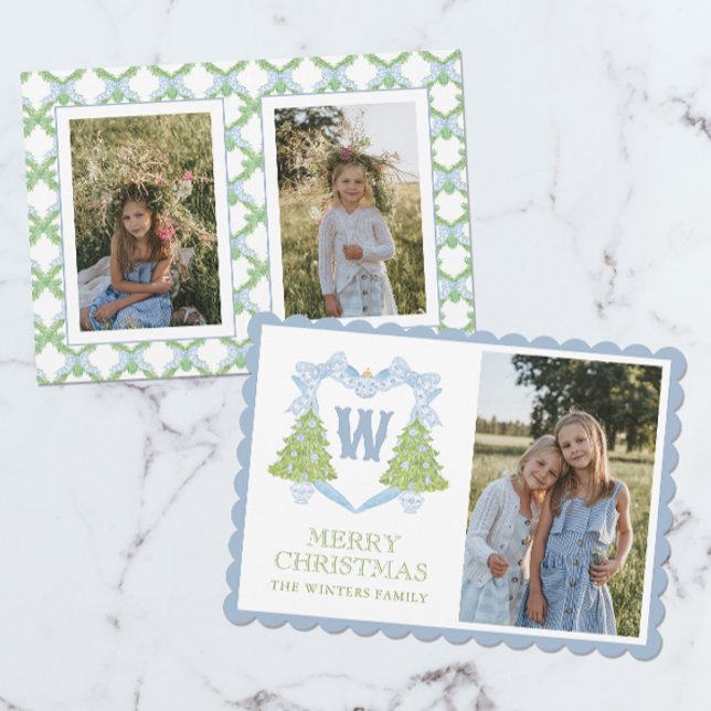 Blue Chinoiserie Christmas Tree Monogram Crest Holiday Card (Creator Uploaded)